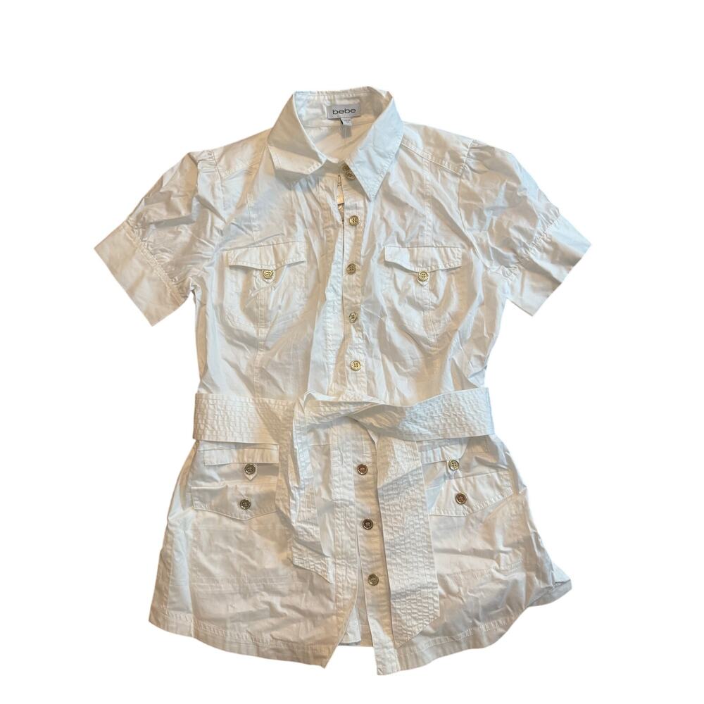 NWT Bebe Vintage White Button Down Poplin Safari Tunic w/Gold Buttons and Belt M